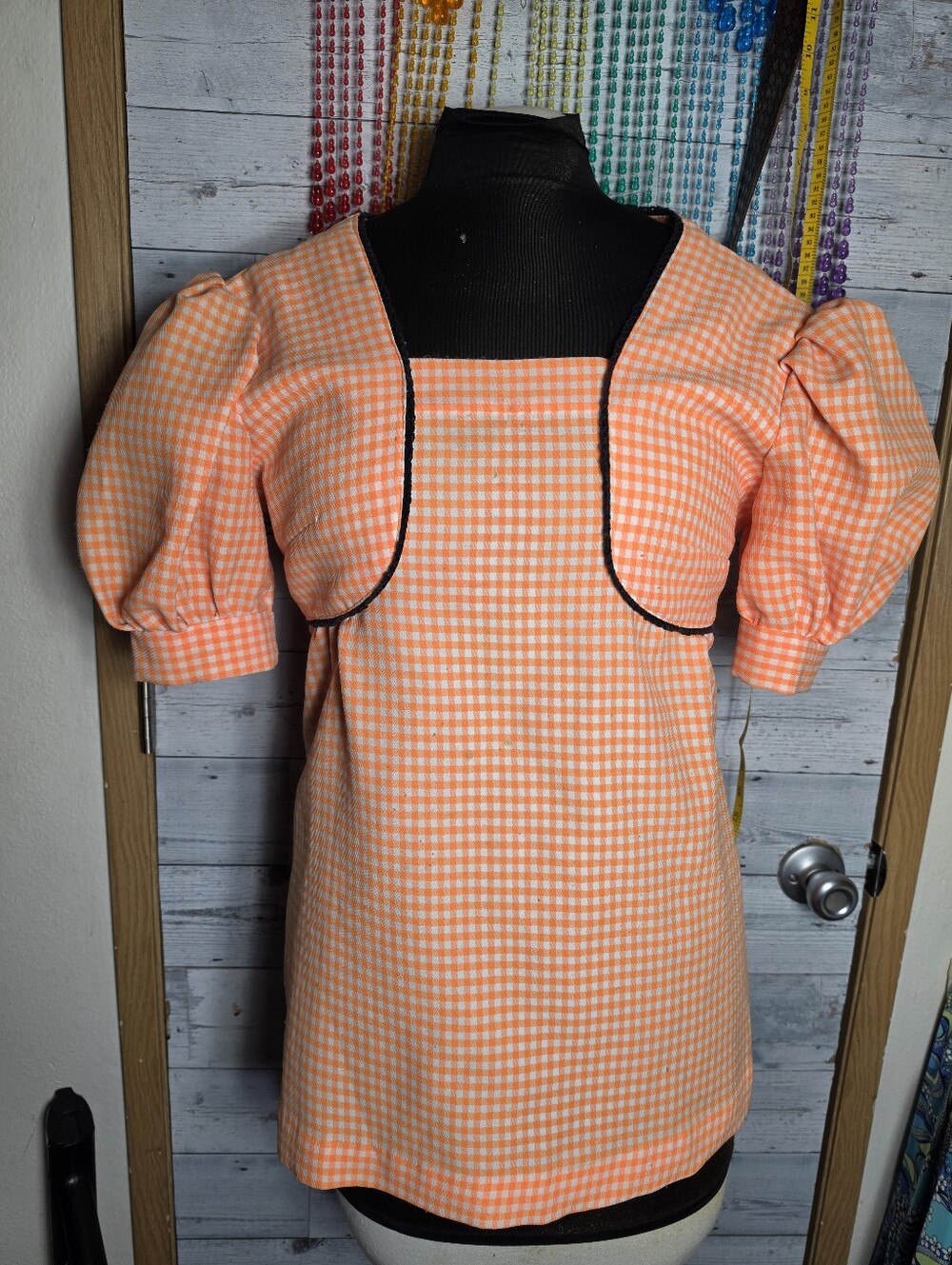 Vtg 60's 70's Orange Gingham Smock Top Mod Retro Kitsch Americana Prairie